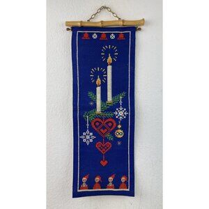 Vintage Christmas Wall Hanging Candles Elves Pixies Blue Burlap Bamaboo Holiday